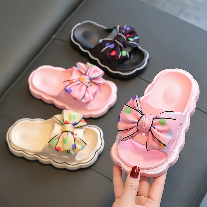 

2024 New Children's Slippers Girls Summer Cute Bow Knot Anti-skid Home Slippers Baby Ouside Soft Soled Sandals Beach Shoes Kids