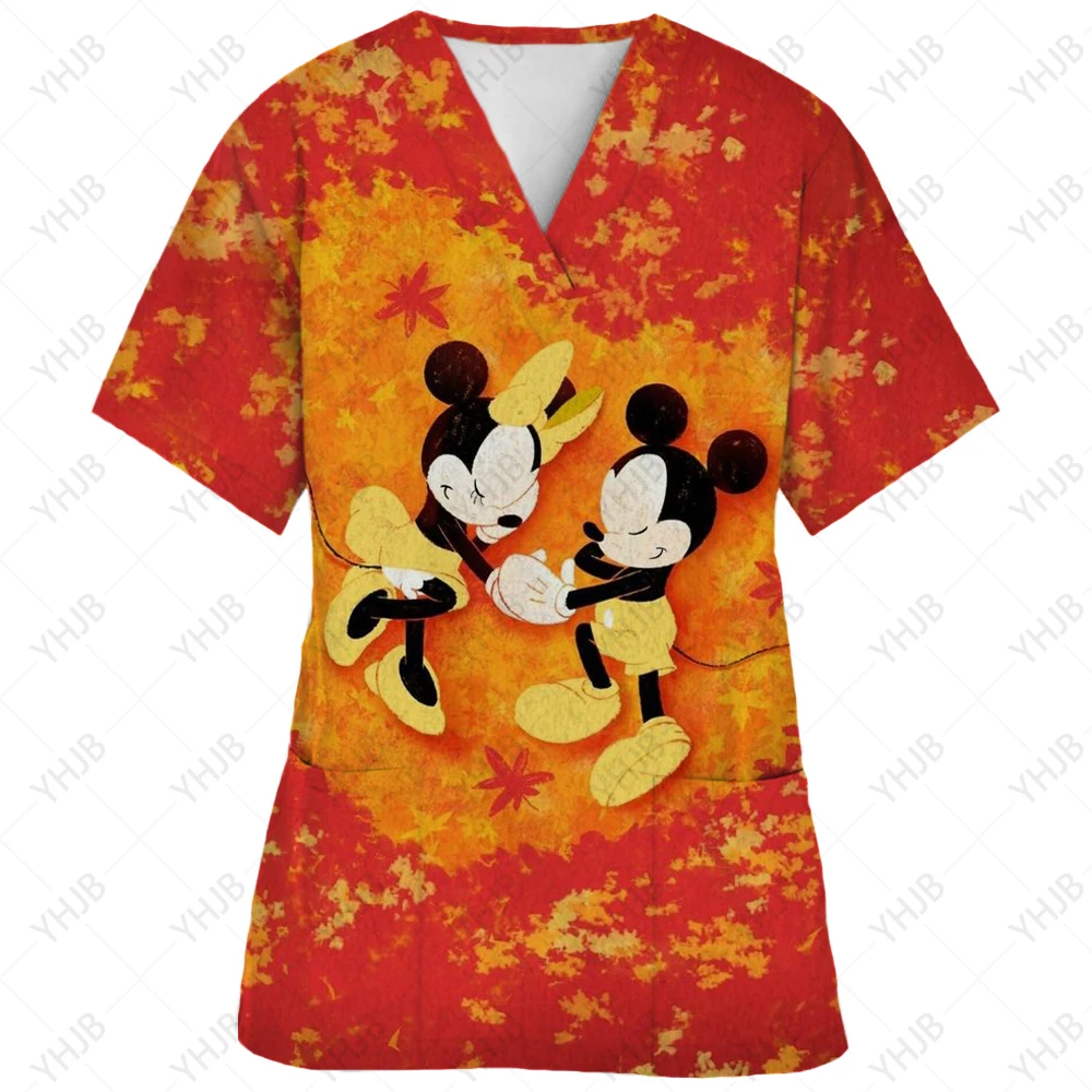 thumbnail image 1 of Uniforme de enfermera de verano con estampado de Mickey Mouse de Disney, ropa de trabajo para dentistas, salones de belleza y tiendas de mascotas, camisetas con cuello en V y bolsillos, 1 of 5