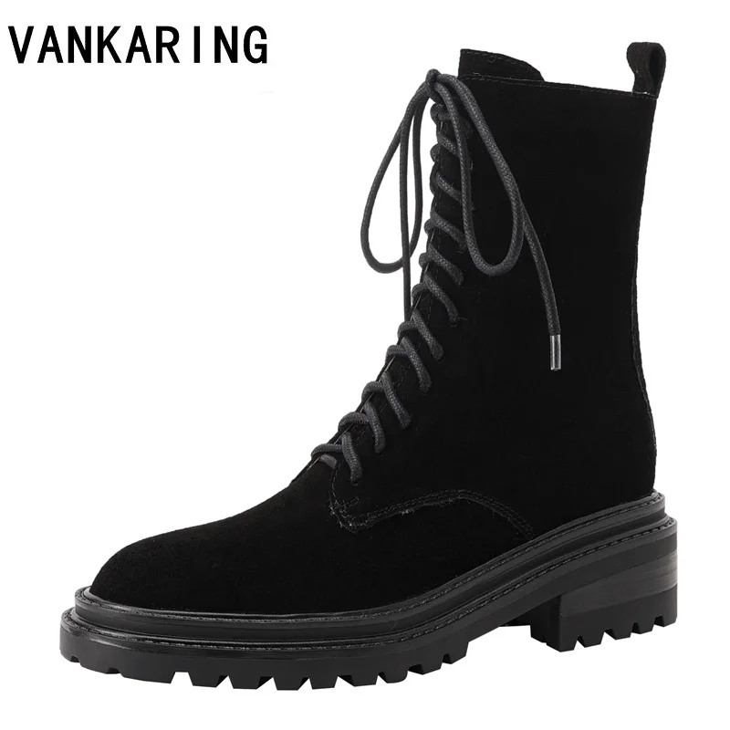 

full cow suede leather ankle boots ladies fashion classic lace-up autumn winter platform women's wedge casual dress shoes woman