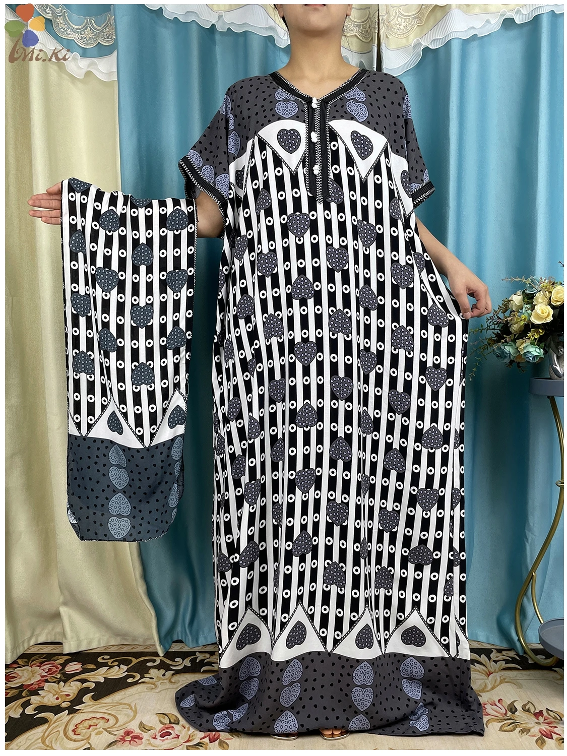 

Muslim Clothing High Quality New African Dashiki Floral Printing Solid Cotton Loose Lady Summer Short Sleeve Maxi Casual Dresses