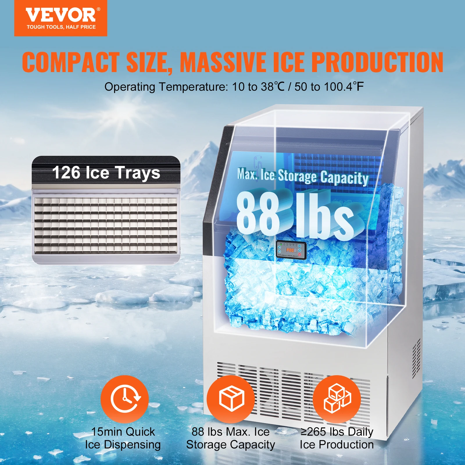 VEVOR Commercial Ice Maker 265lbs/24H Ice Maker Machine 126 Cubes in 12-15Minutes Freestanding Cabinet LED Display