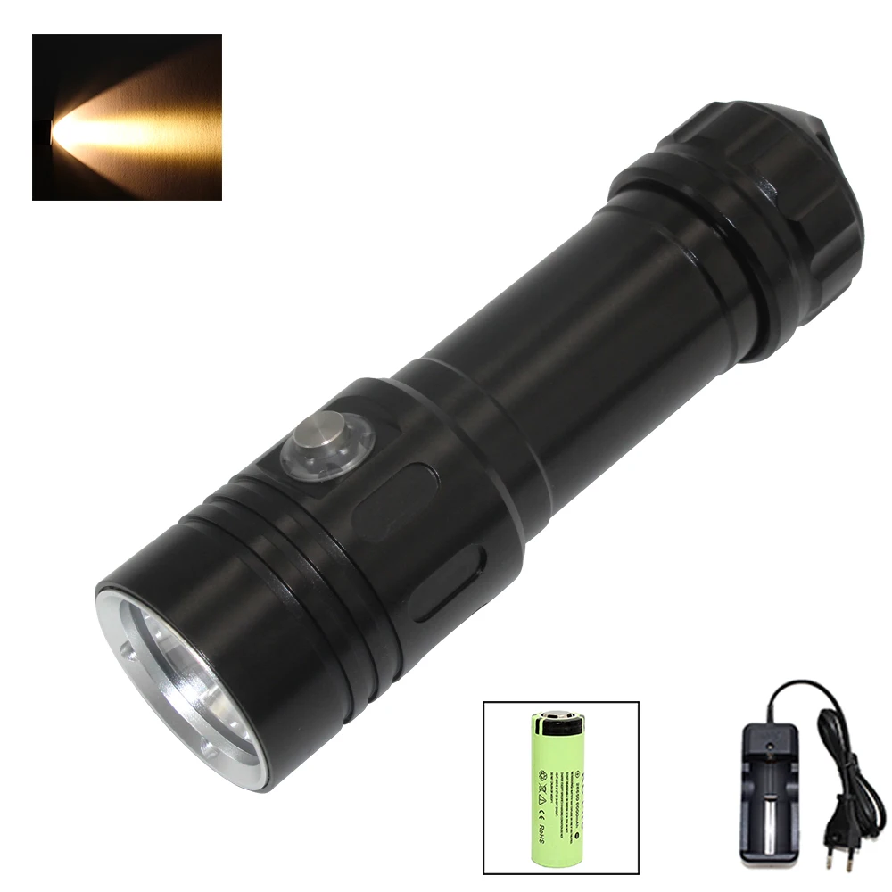 

Yellow/White LED Flashlight torch underwater 50m diving flashlight lamp 4 file waterproof led dive light power by 26650 battery