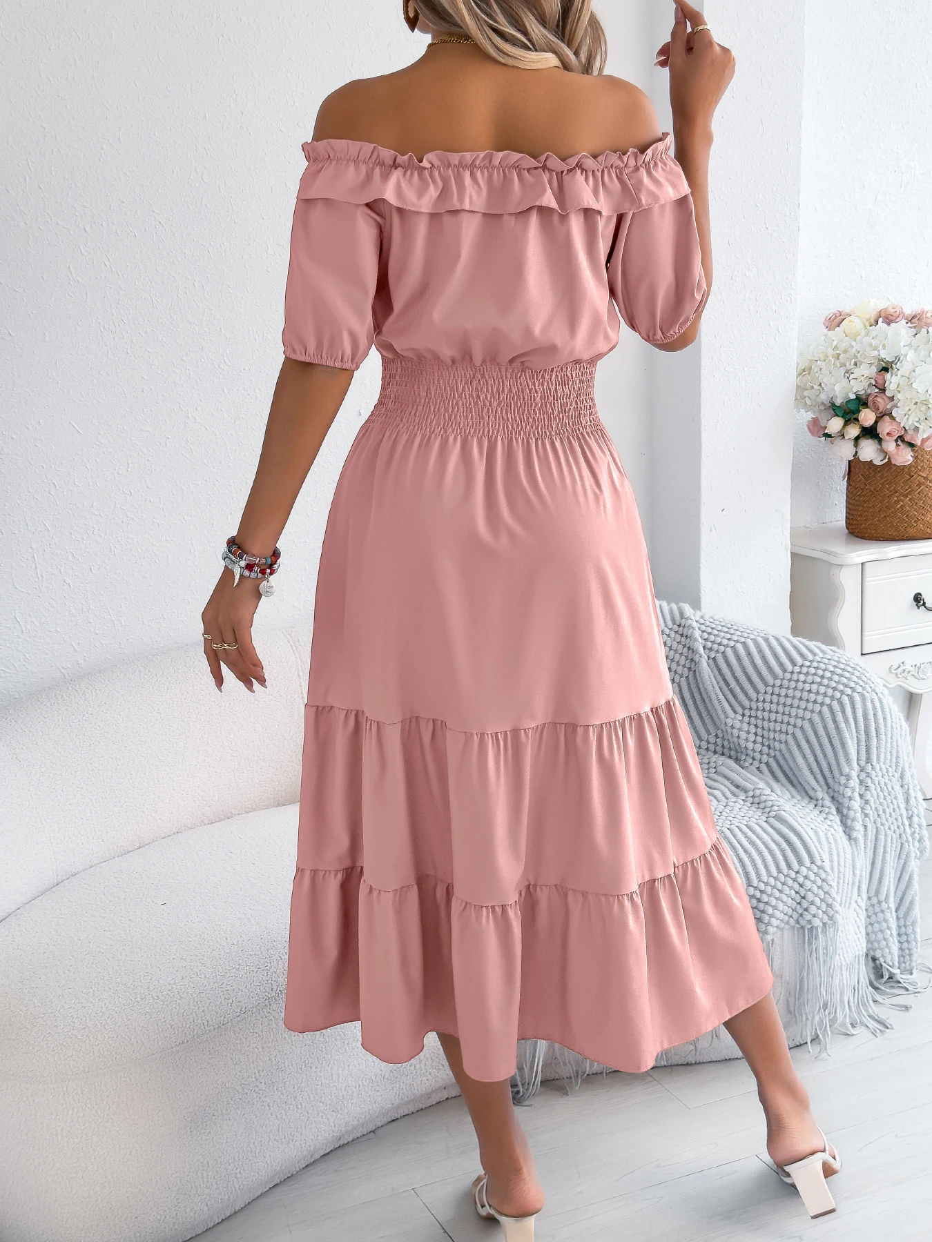 Pink Off Shoulder Midi Dress for Women