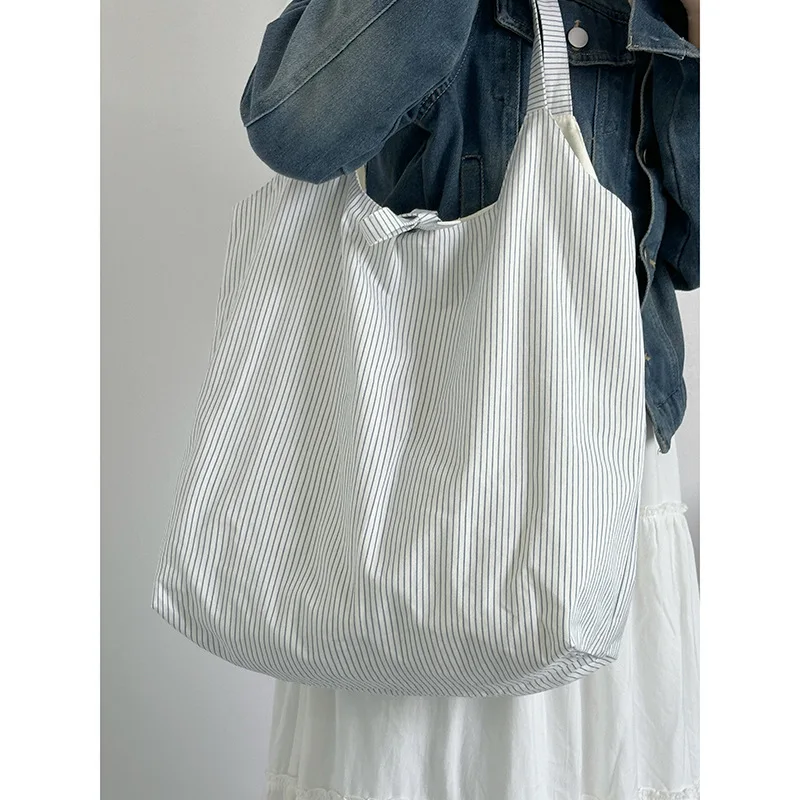 Ins Style Striped Hand-Held Canvas Tote Bag, Women'S New 2024 Niche Design, Large Capacity Underarm Single Shoulder Bag