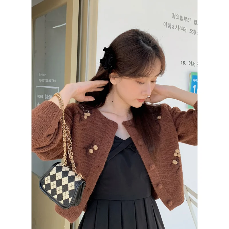 Women's Clothes Brown Sweater Flower Embroidery Outerwear Fashion Vintage  Winter Female Long Sleeve Cardigan Knitting Coat - AliExpress