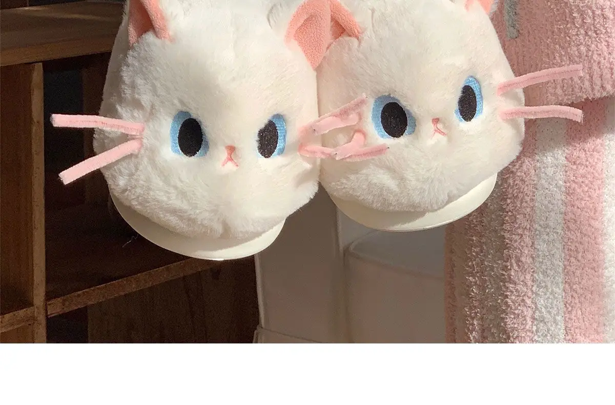 Schöne schwarz weiß 3D Katze Ohr Plüsch Hausschuhe Indoor Haus Tier Kitty Schuhe Frauen Slip-ons Pelz Pantoletten Chausson Chat – Detail 9