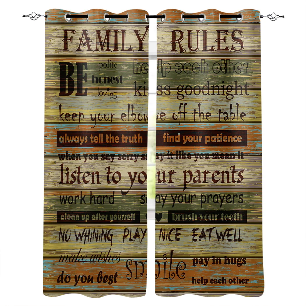 

Family Rules Vintage Wooden Board Texture Window Curtains for Living Room Kitchen Kids Bedroom Home interior Decoration Curtains