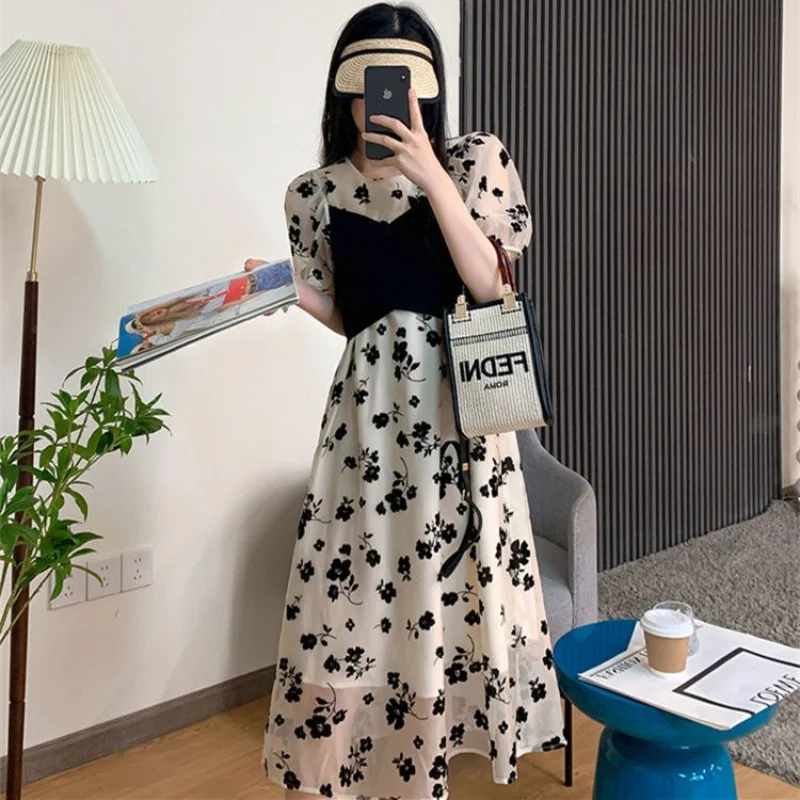 

Dress Summer Female New Art Retro Loose Waist Fragmented Blossom Dress Mid length Dress Pure Desire A-line Dress Female Tops