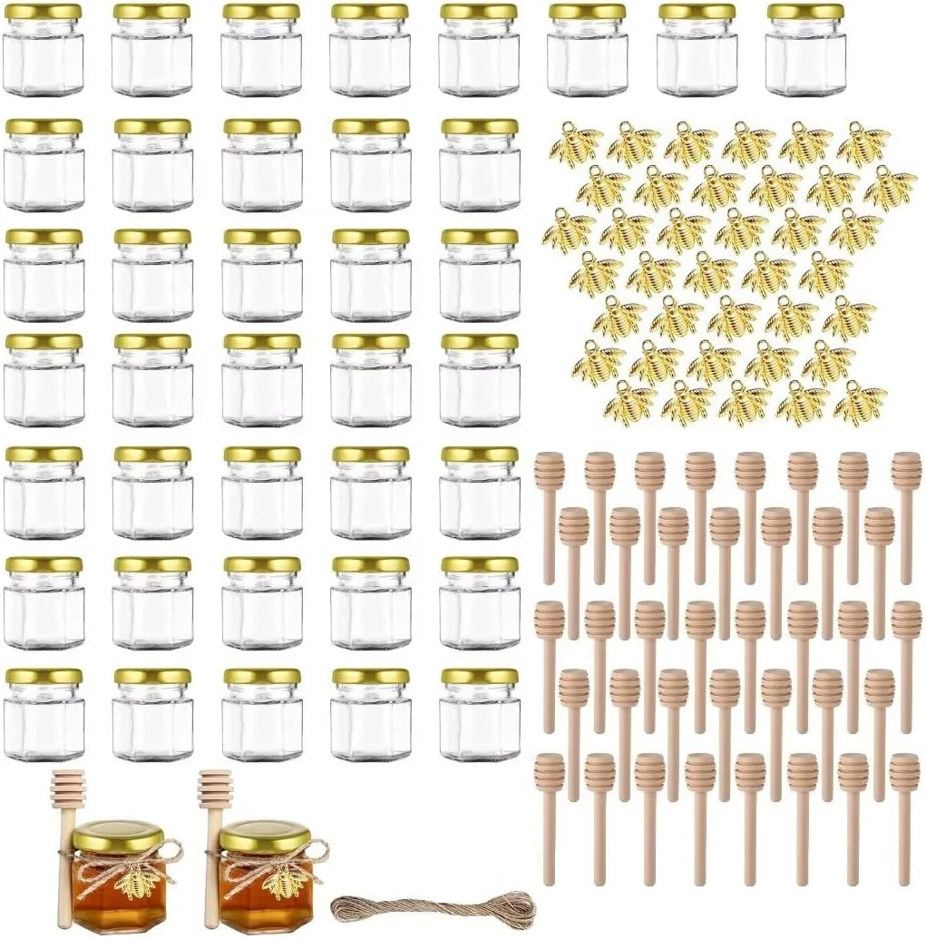 

20Pack Hexagon Mini Glass Honey Jars with Wooden Dipper Gold Lids Gold Bee Pendants Jutes for Baby Showers Wedding Favors