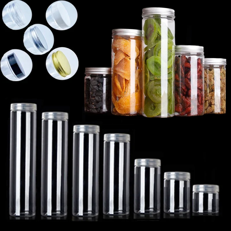 10Pcs 100ml-420ml Empty Clear Plastic Jars Straight Cylinders Bottle Containers W/ Aluminum Lids For Dry cargo Nuts Candy Jams