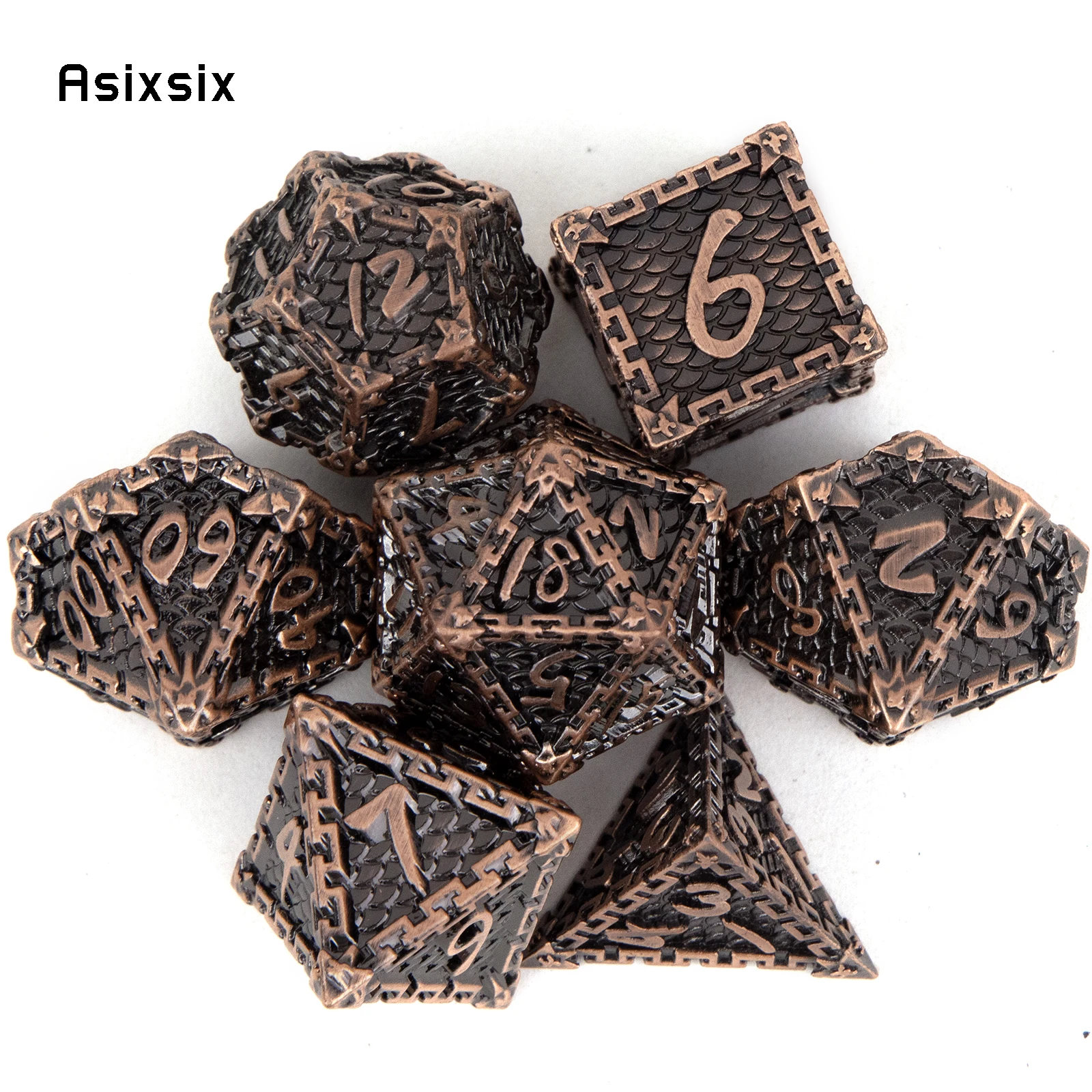 

7 Pcs Copper Fish Scale Metal Dice Solid Metal Polyhedral Dice Set Suitable for Role-Playing RPG Board Game Card Game