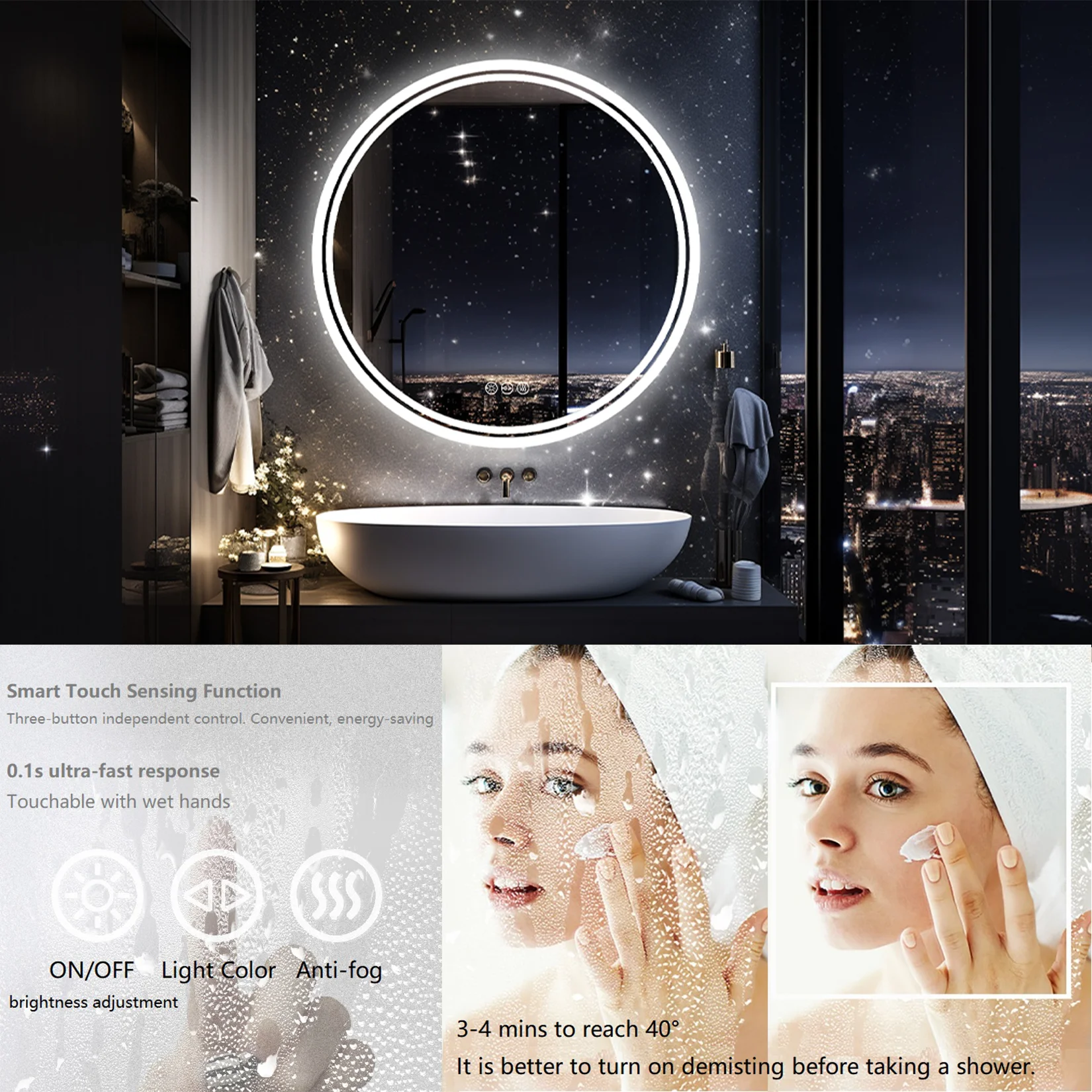 Large Round LED Bathroom Vanity Mirror Anti-Fog with Brighter Lights for Makeup Wall Mount Smart Touch 5