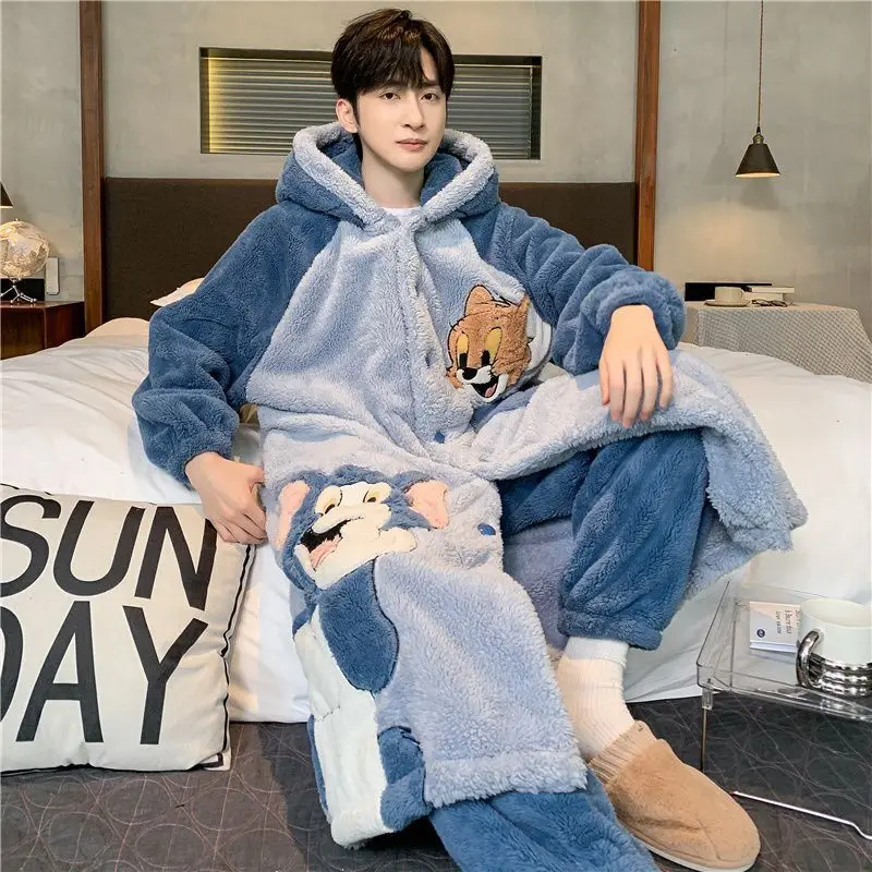 Autumn and Winter New Coral Plush Thickened and Warm Cartoon Loose Men's Home Clothing Set with Cold resistant Sleeping Robe