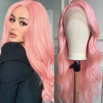 Parrucca rosa chiaro Parrucca anteriore in pizzo sintetico ondulato lungo Glueless Onda naturale del corpo Parrucche frontali in pizzo per capelli colorati rosa per le donne Festa