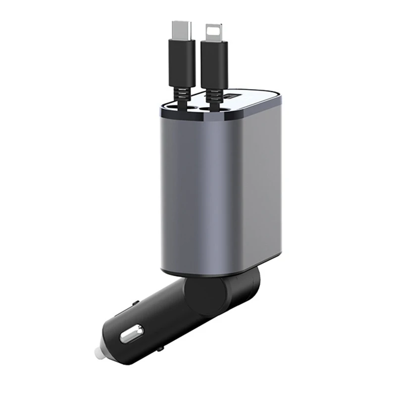 

Retractable Car Charger, USB C Car Charger Fast Charge 2-In-1 Car Charger For IOS & Android Cell Phones All Device Silver-Gray