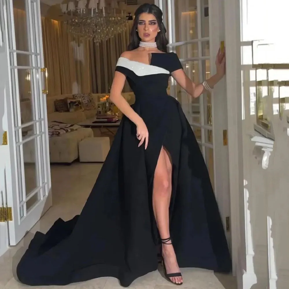 

A-line High Slit Off Shoulder Celebrity Banquet Dress Backless Court Train Evening Dresses Pleat Porm Gown فساتين سهرة فخمه