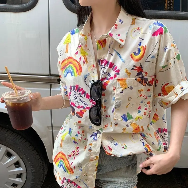 Summer New England Hand Painted Printed Blouses Polo Neck Short Sleeve Pockets Thin All-match Loose Single-breasted Women Shirts
