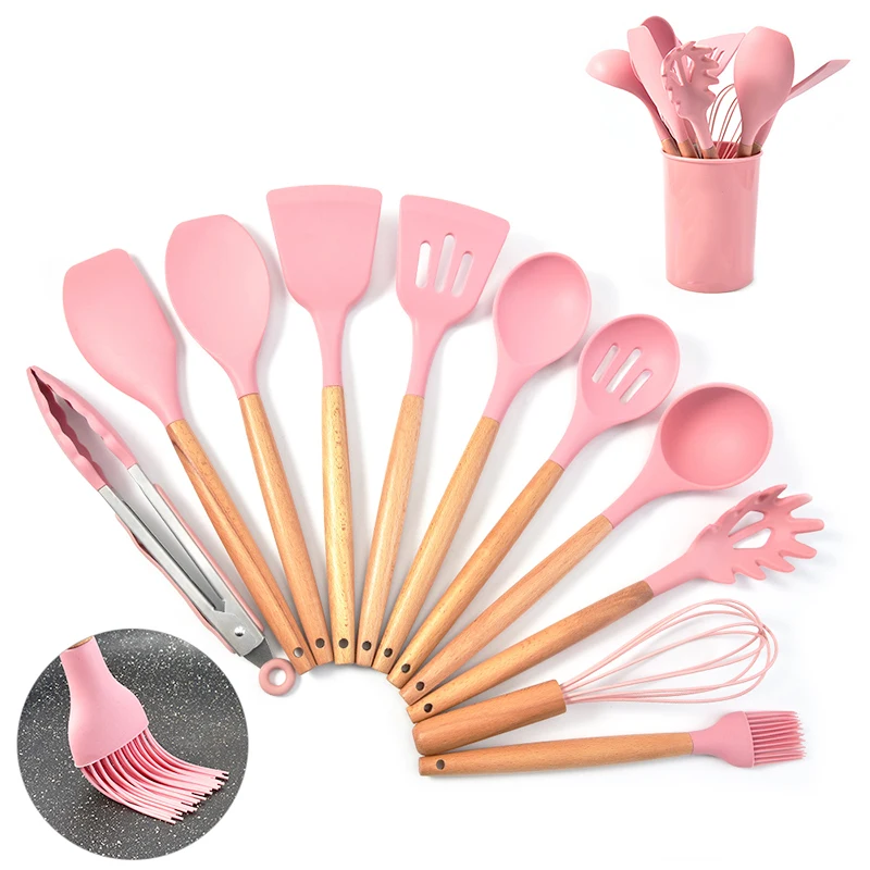 12pcs Heat-Resistant Silicone Kitchen Utensils Set Non-Stick Tools Kitchenware Wooden Handle Kitchen Gadgets for Easy Cooking