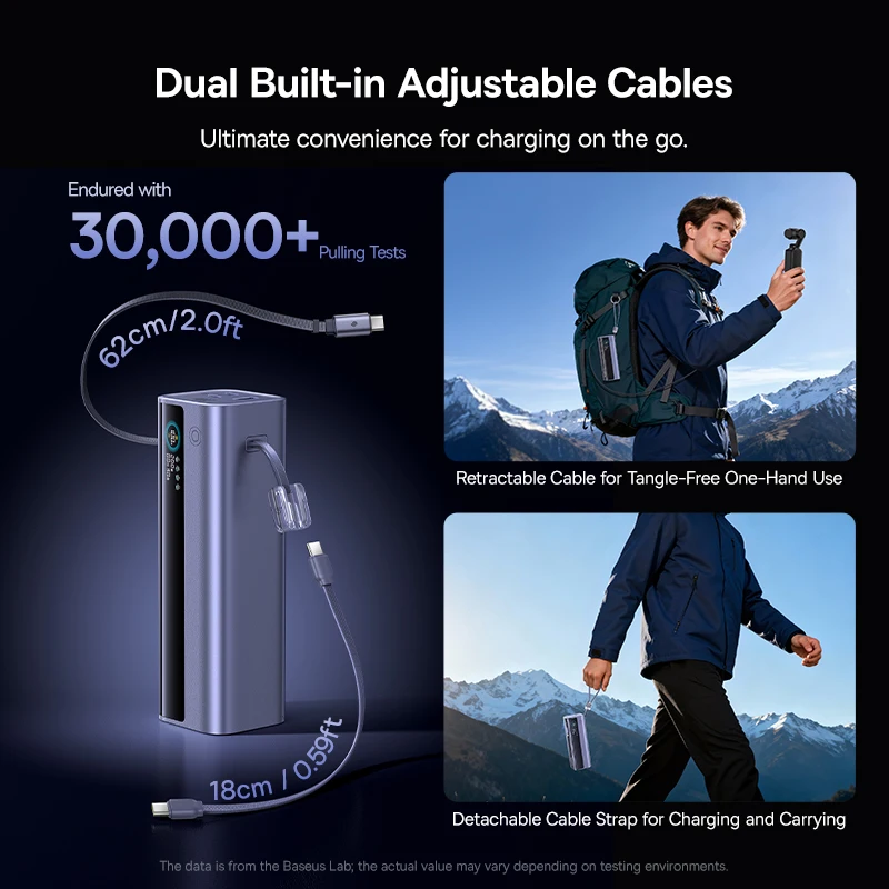 Baseus 200W 25000mAh Power Bank כפול כבלי USB-C נשלפים 4-מכשירים טעינה מהירה מטען סוללה חיצוני נייד למחשב נייד