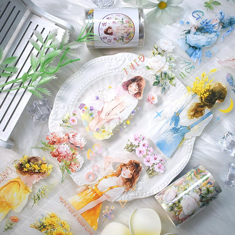 2m/Roll Washi PET Tape Girls Flowers DIY Diary Decoration Aesthetic Sticker Transparent Floral Journaling Scrapbooking Materials stationery tapes