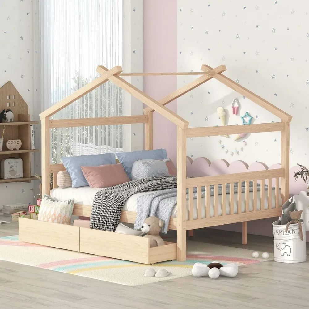 

Full Size House Bed for Kids, Montessori Bed Full Size Platform Bed Frame with 2 Drawers,Bed for Girls & Boys (Full, Natural)