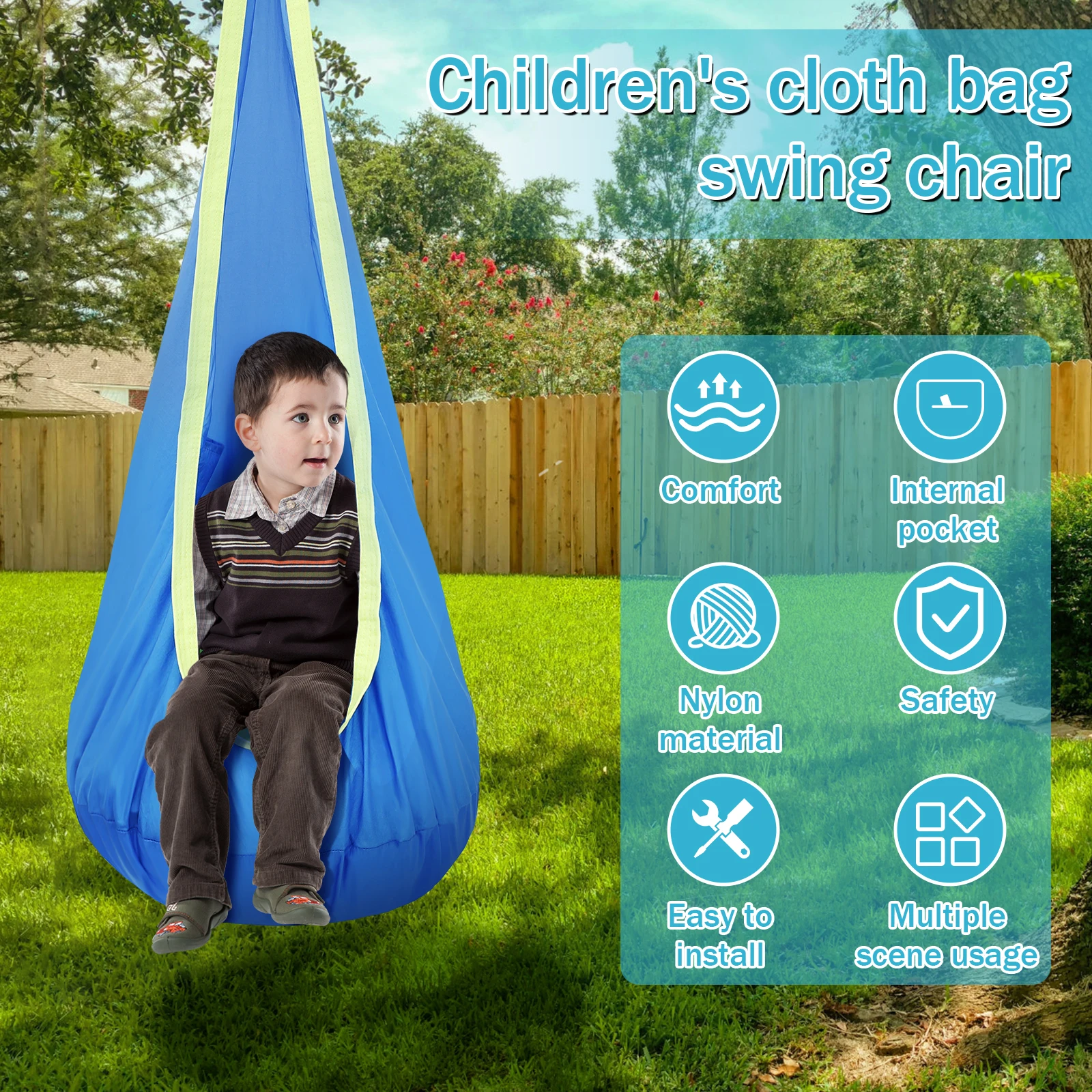 Kids Pod Swing Seat Hanging Hammock Chair with Inflatable Pillow & Pocket Comfortable Sensory Swing Max 200kg for Indoor Outdoor
