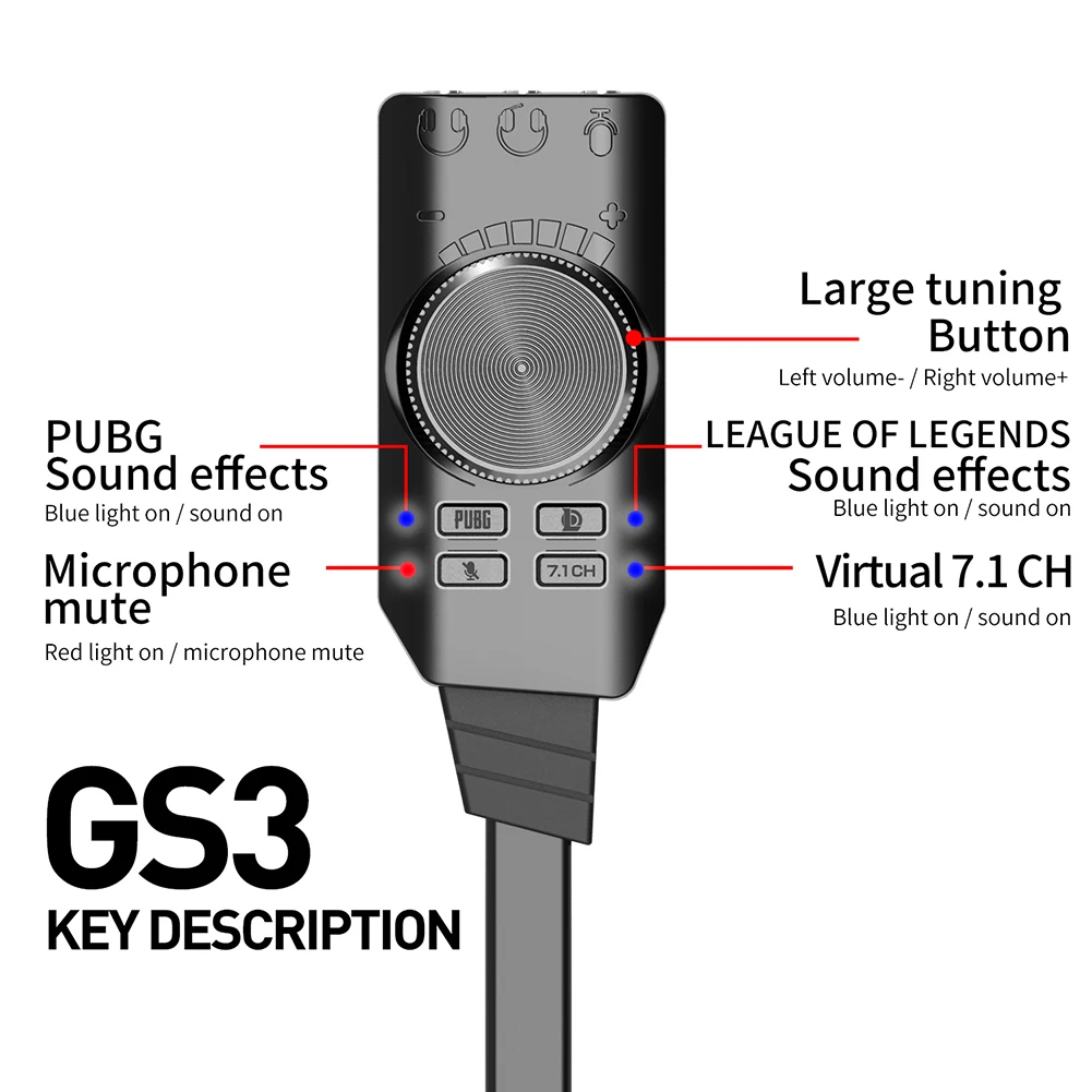 GS3 7.1 채널 사운드 카드 변환기 어댑터 외부 USB 오디오 헤드셋 오디오 잭 케이블 어댑터 PC용 볼륨 스위치