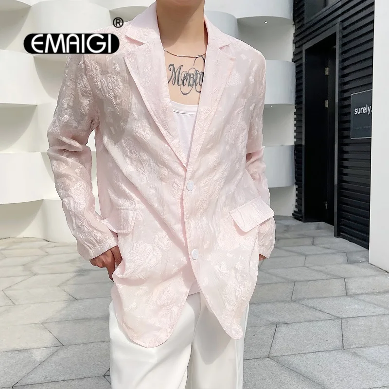 

Summer Men's Embossed Embroidery See Through Loose Casual Pink Thin Suit Jacket Blazers Male Suit Coat Sun Protection Clothing