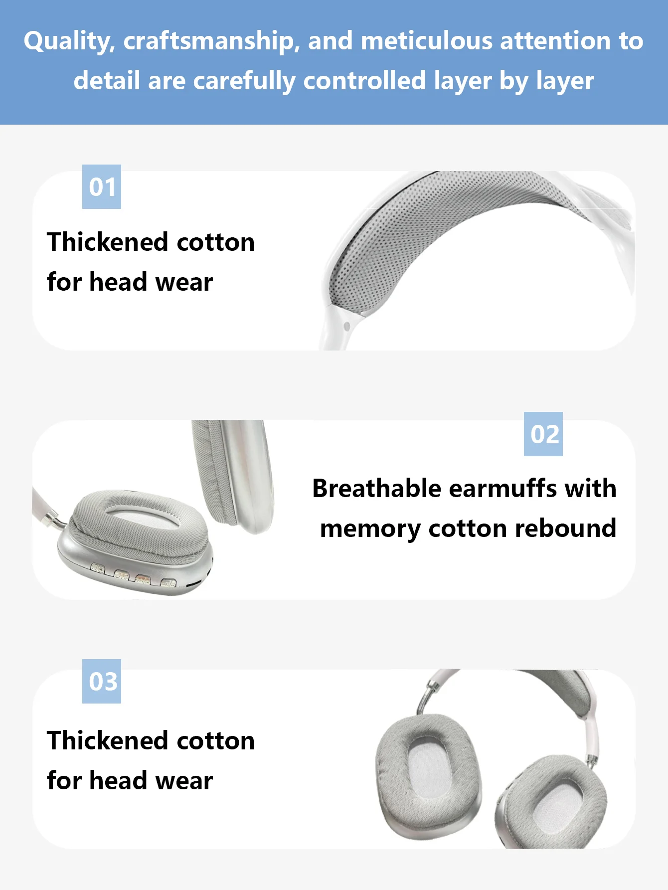 Over ear headphones showing memory foam pads and volume control.