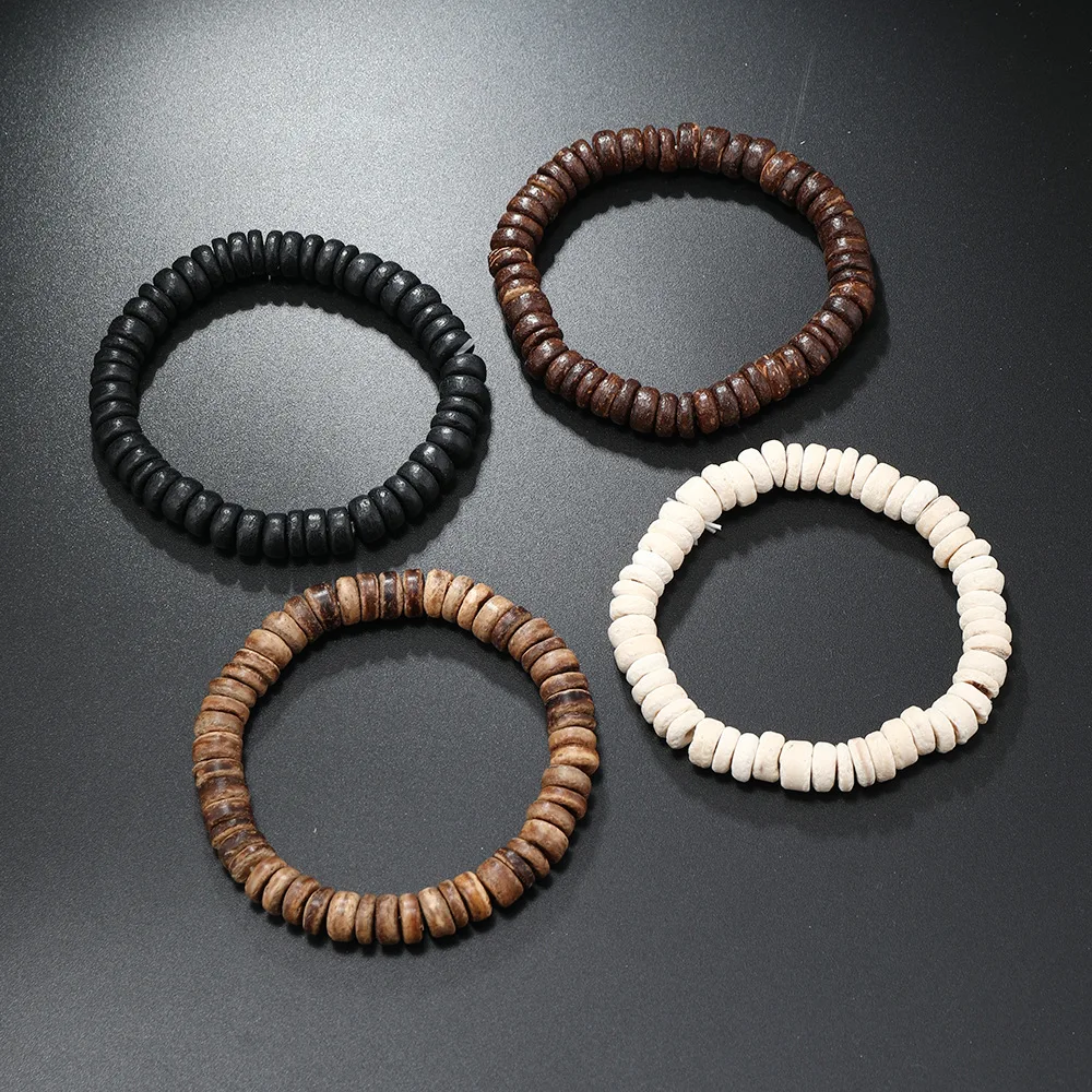 Wooden Bracelets For Men Beaded Multilayer Wooden Bead Jewelry Irregular Coconut Shell Handmade Elastic Bracelet Jewelry