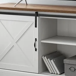 farmhouse entertainment center tv stand 80+ inch tv storage sliding barn door low bookshelf