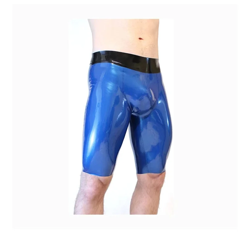 

Handmade Men's Black Latex Boxer Rubber Underwear Short Pants Blue with Black Trim