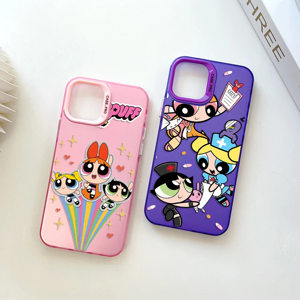 

Anime T-The Powerpuffs Girls Phone Case for IPhone 13 12 11 15 14 Pro Max Plus Len Creative Border Silver Plated Inside Hard TPU
