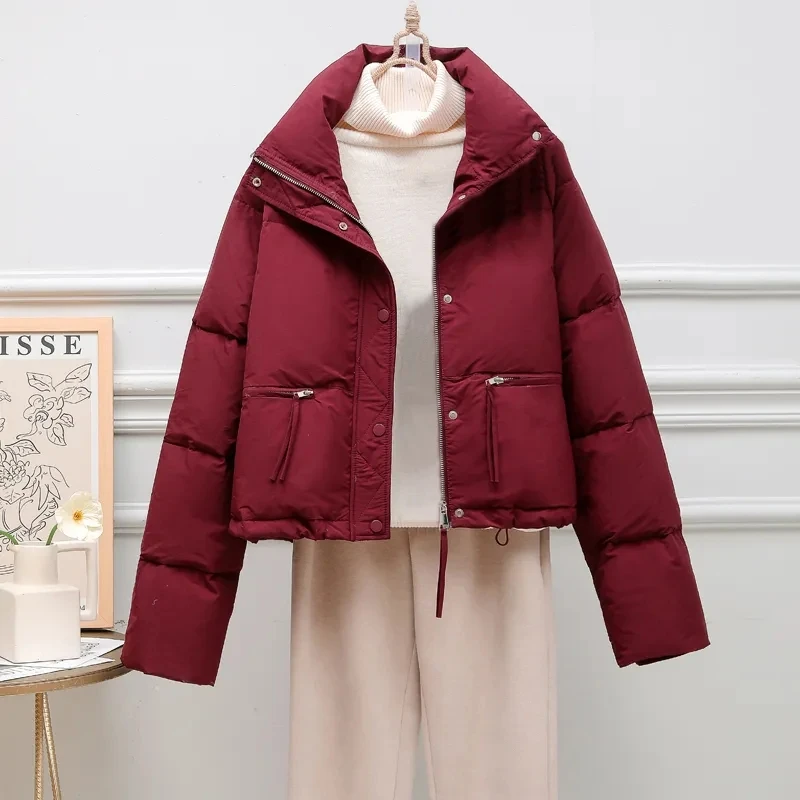 

Womens Short Parkas Jackets Autumn Winter 2023 Casual Pockets Thicken Warm Outwear Coats Female Stand Collar Cotton Jacket Parka