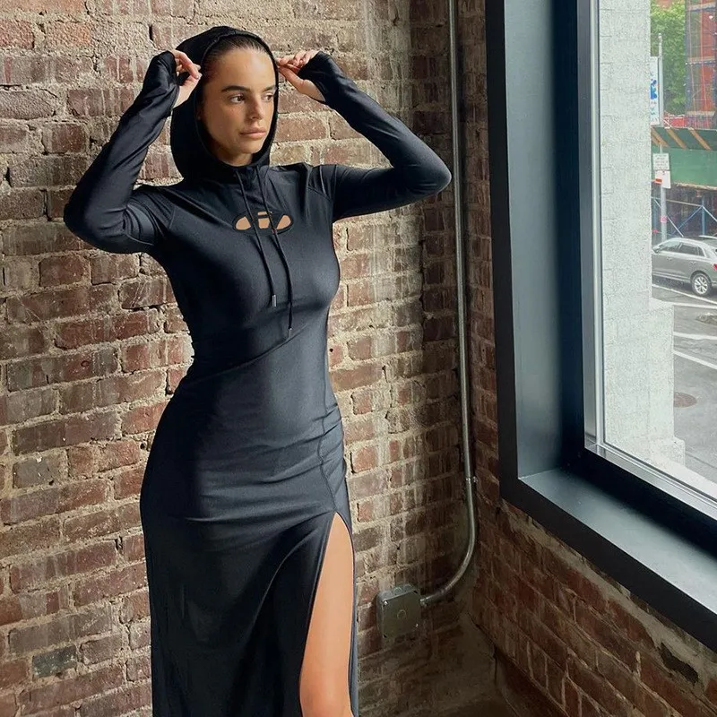 

Накидка на бикини Женская одежда для плавания пляжное платье для ванны Новинка 2023 пикантное облегающее длинное однотонное платье из спандекса с разрезом и высокой талией и капюшоном