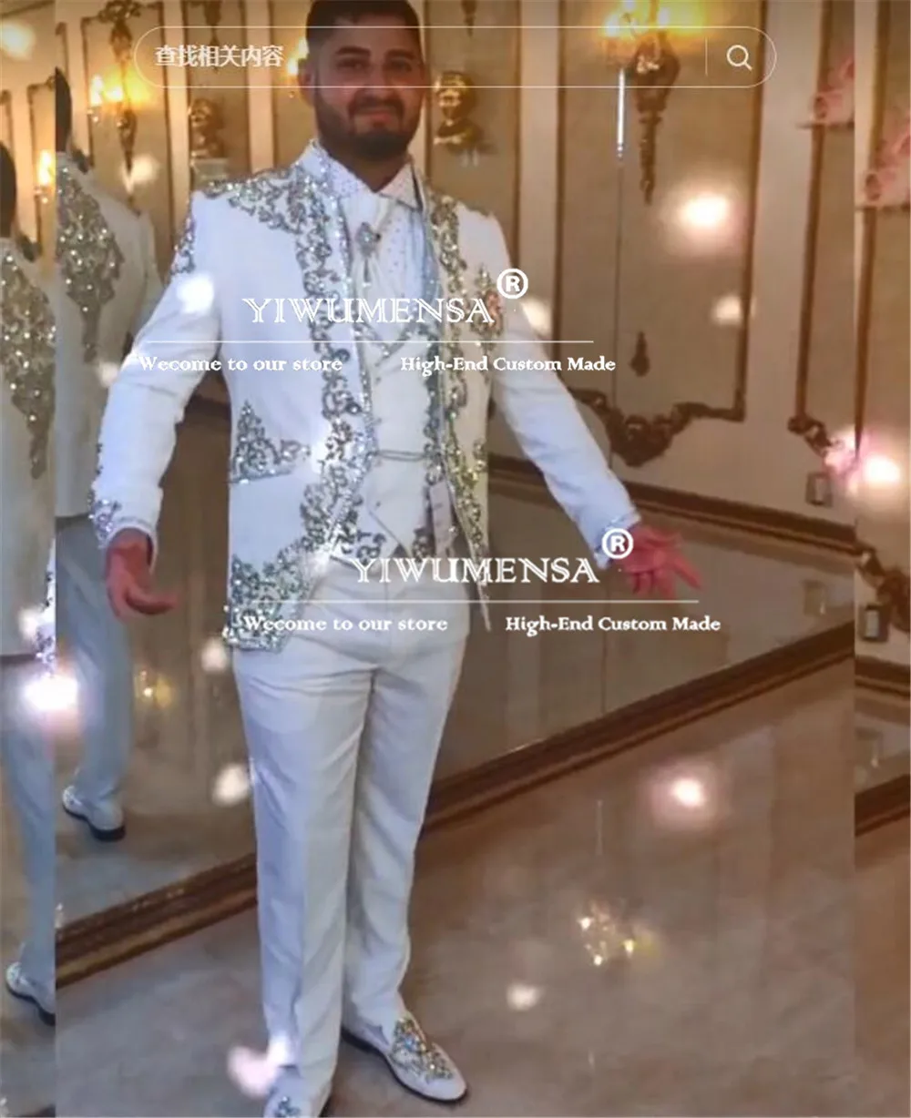 Sparkly Crystals Beaded Wedding Groom Tuxedos Customized 3-Piece Dresses Formal Occasion Party Suits Men Slim Fit Costume Homme 2