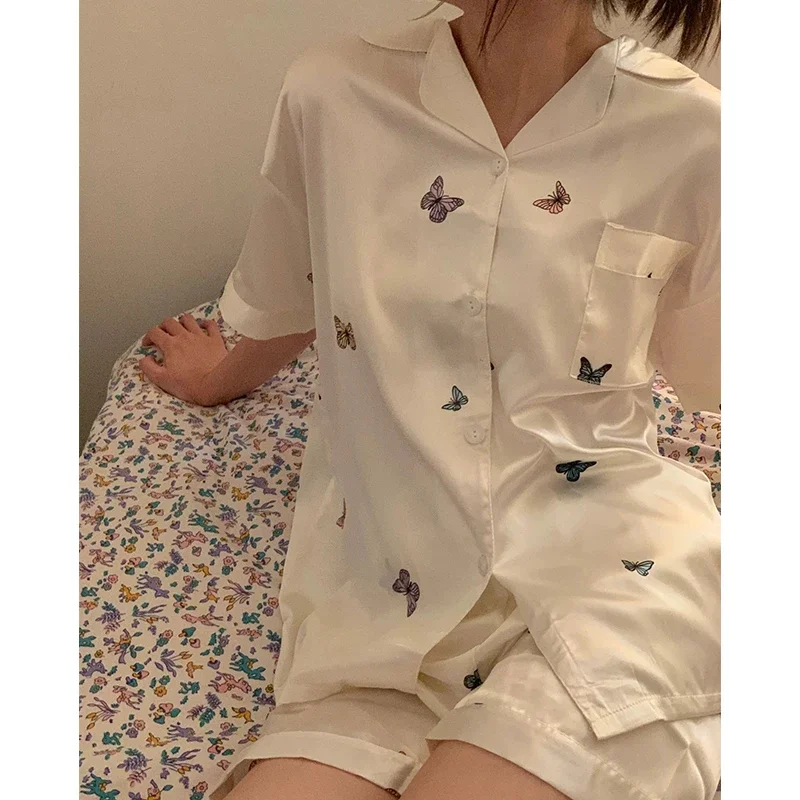 Ins Style Elegant Colorful Butterflies Women's Pajamas Trendy Fashion Design Summer Short Housewear 2024 New Y2k Ladies Homewear