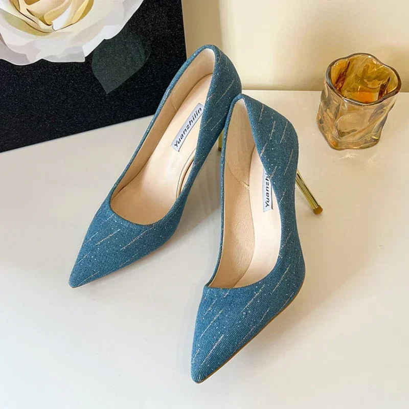 Plus Size Shoes Fashion Women Summer High Heels Wedding Shoes Denim Pointed Stiletto Heel Work Shoes 8cm High Heels 2