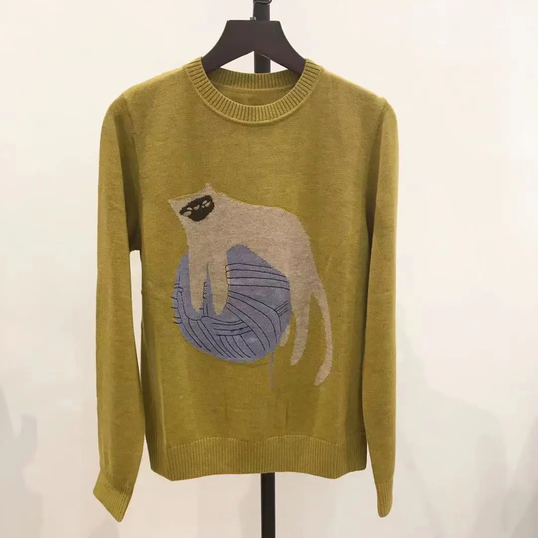 

Sweden Women Cartoon Cat Embroidery Sweater Fashion Long Sleeve Knitted Pullover Sweater New Wool Cotton Soft Female Short Tops