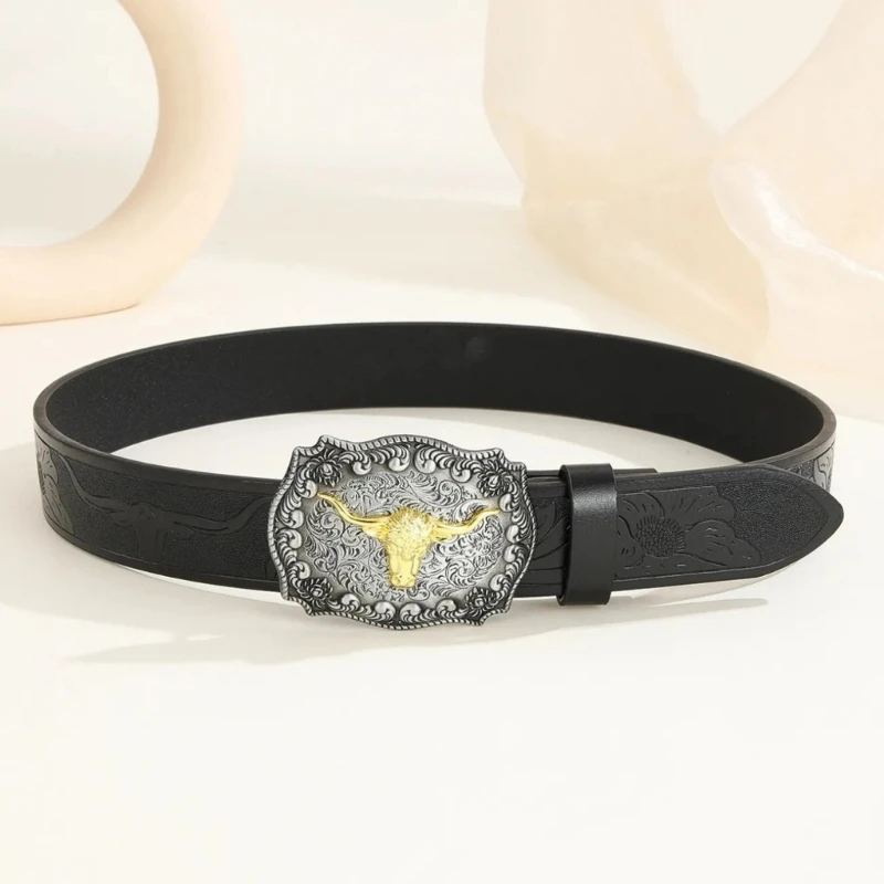 

Western PU Leathers Cowboy Buckle Belt for Men and Women Jeans Engraved Floral Metal Bull Buckle Belt