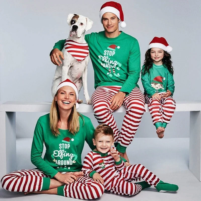 

Family Christmas Pajamas Set 2024 Xmas Letter Print Stop Elfing Around Family Matching Clothes Adult Kid Pyjamas Baby Romper