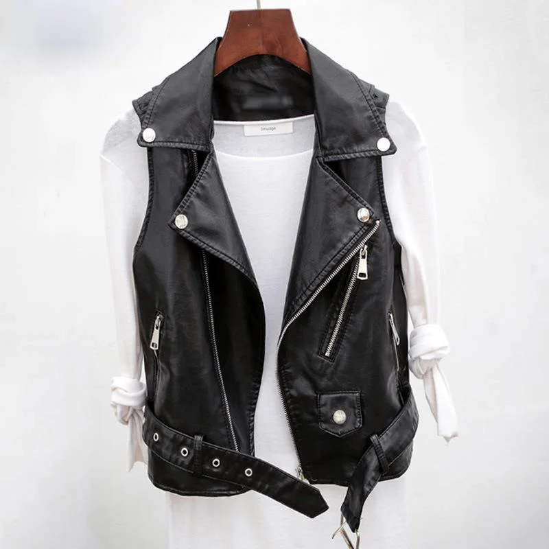 2021 Spring Faux Leather Short Casual Pu Jacket Coat Women Winter New Pockets Zipper Shrug Sleeveless Jackets Coats Woman Vest aimsnug 2022 spring new faux pu leather jackets plus size women fashion top outerwear bandage epaulet short coats biker jackets