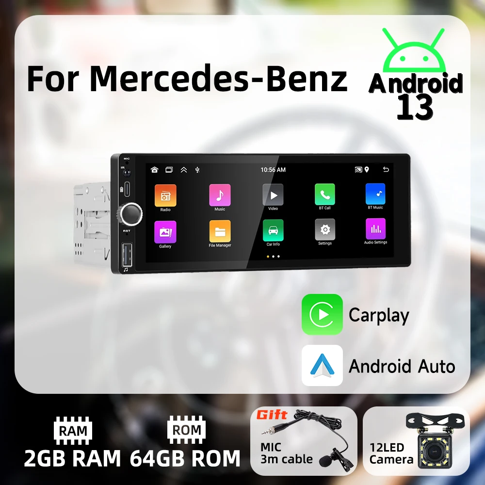 

Беспроводная Автомагнитола Carplay 1 Din на Android для Mercedes-Benz, Автомобильная Мультимедийная стереосистема, Авторадио с экраном 6,86 дюйма, GPS