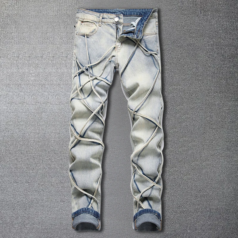 

Autumn Hip Hop Multi Ribbon Designer Skinny Denim Motorcycle Pants Men High Quality Jean Men High Street Punk Rock Brand Jean