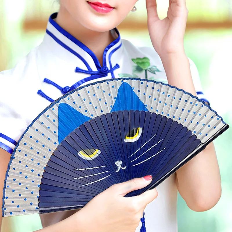 1pc Japanese Cat Pattern Women's Cute Cartoon Little Cat Hand Fan Bamboo Folded Fan Kimono Bathrobe Handheld Fan Decoration