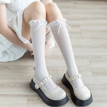 Japan Style Ruffle Long Socks Stockings JK Lolita Lace Knee Socks Stockings Women Sweet Girls Cute Bowknot Black White Stockings 2
