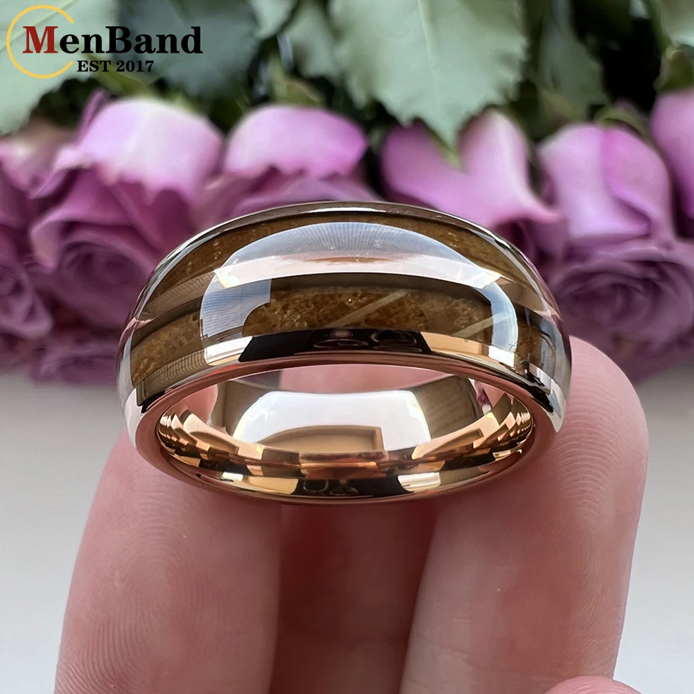 MenBand Fashion 8MM Gold Color Men Women Tungsten Carbide Wedding Ring Two Groove Inlay Whiskey Barrel Oak Wood Dome Polished
