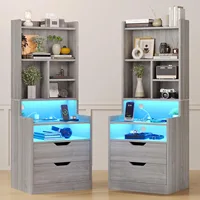 Charging Nightstand Set of 2 with LED Lights,Tall Night Stand with Bookshelf,Bedside Table with Drawers,Side Tables Bedroom 2