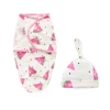 Insular Soft Baby Swaddle Muslin Blanket Printed by Cute Animal and Zipper Wrap Swaddling Blanket + Hats Set 1