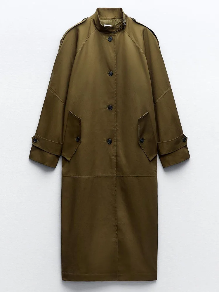 

Zach AiIsa autumn new women's fashionable stand collar long sleeves buttoned loose pockets casual long parka jacket